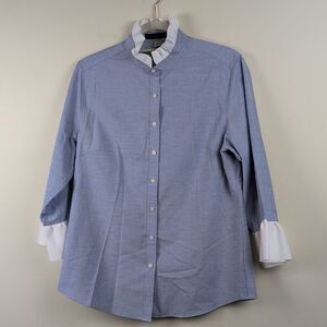 Pearly Vine Scarlett Ribbon Trim Blue Oxford Button Shirt Top 3/4 Sleeve Classic